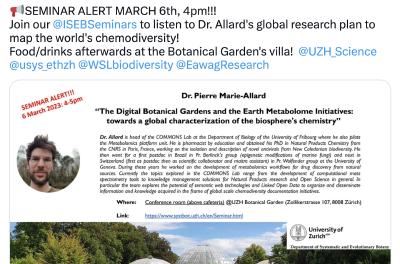 Seminar announcement flyer for Dr. Pierre-Marie Allard's talk on the Digital Botanical Gardens and Earth Metabolome Initiatives, with a photo of the Zurich Botanical Garden's greenhouses.