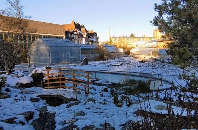 Snow-covered greenhouses and a wooden footbridge at the Botanical Garden of the City of Neuchâtel in winter.